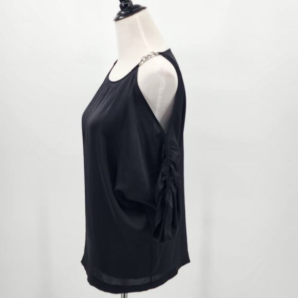 Michael Kors Black Silky Semi-sheer Cold Shoulder Top w/ Metal Chain Size S - Picture 5 of 9
